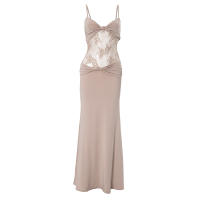 CUTENOVA Camisola Elegante Para Mujer De Color Sólido Con Espalda Descubierta Y Volante Lace Translúcido Vestido Largo De Fiesta - details 5