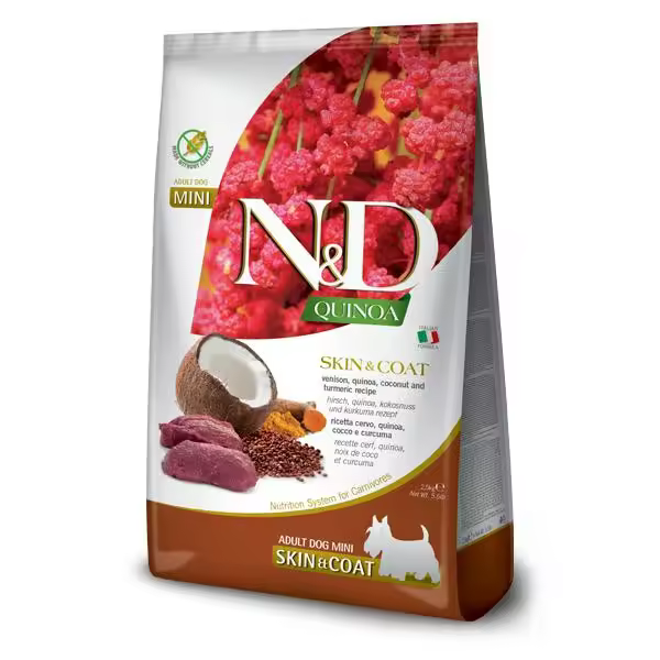 FARMINA N&D DOG QUINOA SKIN COAT VENADO MINI 2,5KG / alimento dietético completo para perros para la reducción de las intolerancias a ingredientes y nutrientes. - 1