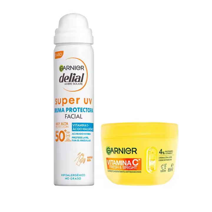 Garnier Vitamina C Fresh & Bright Sorbete Hidratante Anti-Manchas Crema 85ML + Bruma Protectora Facial FPS 50 con glicerina, vitamina E y ácido hialurónico 75ML - 1