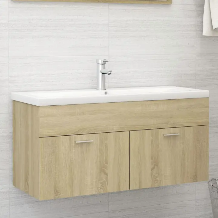 vidaXL Armario para lavabo contrachapada blanco roble 100x38,5x46 cm en color Blanco y roble sonoma/Roble Sonoma | almacenamiento funcional diseño moderno para baño dormitorio sala - 1