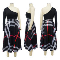 Vestido Elegante Para Mujer Con Un Hombro Largo Manga Completa Estampado Cintura Alta Abertura Vestido Para Cumpleaños Y Fiestas Nocturnas - details 0