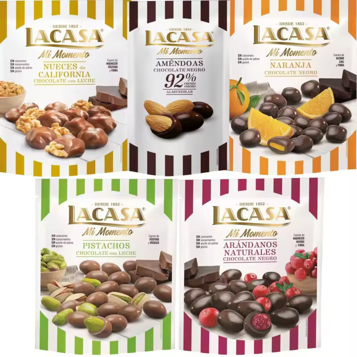 Lacasa Mi Momento pack de 5:Almendra 92% 65G,Arándano choco Negro 125G,Nueces Leche 115G,Naranja choco Negro 125G,Pistacho Leche 100G - 1