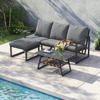 Juego de muebles de Jardín, juego de Esquina, sofá + Mesa de café + reposapiés, tubo de Maple galvanizado, tablero de Vidrio, para Jardín, pool y otras áreas al Aire Libre, Gris - details 0