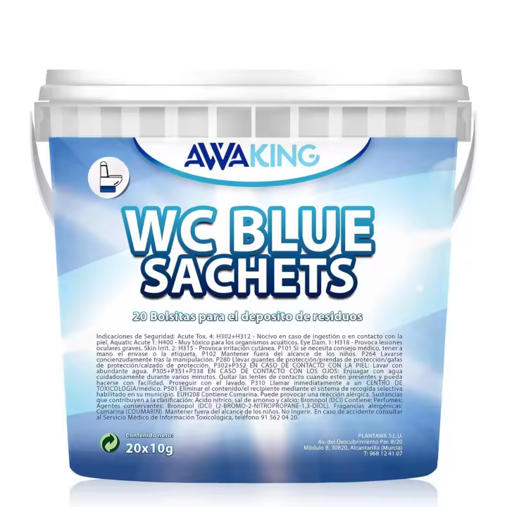 AWAKING Pastillas WC Quimico Autocaravana Blue Sachets 20ud | Higieniza y Desodoriza. Fórmula Concentrada y Aroma Fresco Depósito Aguas Negras de Caravana, Camper, Descompone Residuos. - 1