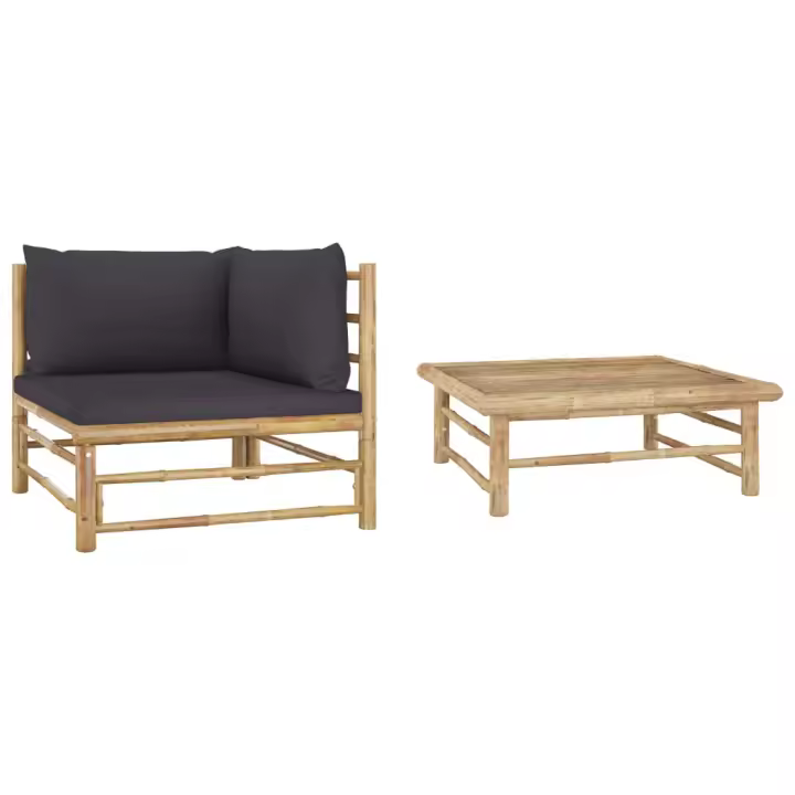 Set de muebles de jardín 2 piezas bambú y cojines gris oscuro - 1