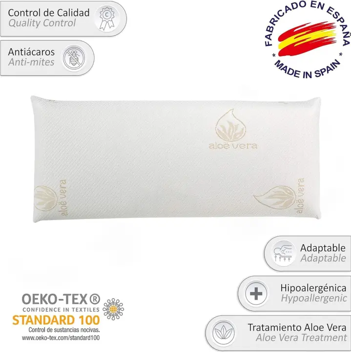 Almohada viscoelástica,núcleo 100% Viscoelástico, Tejido de Aloe Vera,Anticácaros, Anti bacterias, Termorregulable y Ergonómica. Libera la presión Cervical Visco - 1