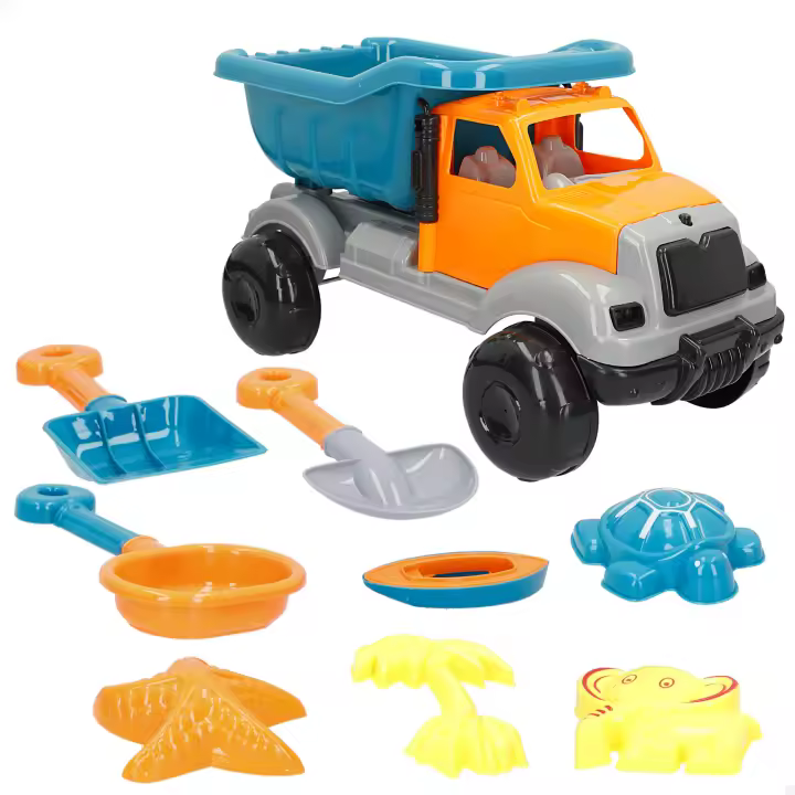 COLORBABY - Camión con juguetes para la playa, 40 cm, 9 piezas, moldes de arena, palas, cedazo, volquete, juegos arena, juego verano para bebés, +18 meses - 1