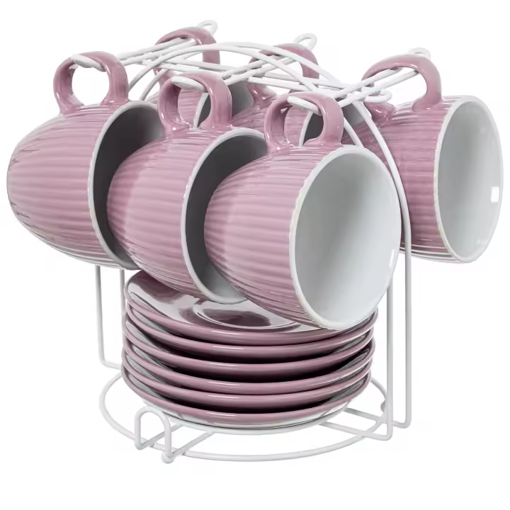 Set 6 tazas te con plato ceramica rosa palo con soporte metal bl taza: 207ml 9x8cm plato: 14cm - 1