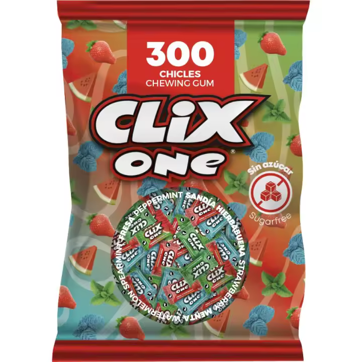 Clix One -Bolsa surtida de chicles - 300 unidades- Sabores irresistibles: Fresa, Menta, sandía y hierbabuena - 1