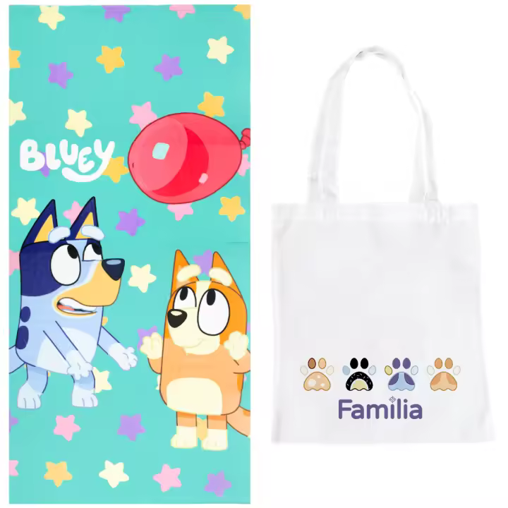 Toalla Infantil Bluey 70x140 cm de Microfibra + Bolsa de Tela | Diseño Oficial Colorido | Suave y de Secado Rápido | Ideal para Playa, Piscina, Vacaciones o Regalo | Ligera y Fácil de Transportar - 1