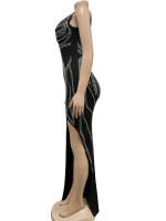 Vestido Maxi De Mujer Con Diamantes Y Abertura En Pierna Beyprern Decorado Con Rhinestones Vestido Sexy Para Fiesta Club Cumpleaños Poliéster Elástico Sin Mangas - details 1