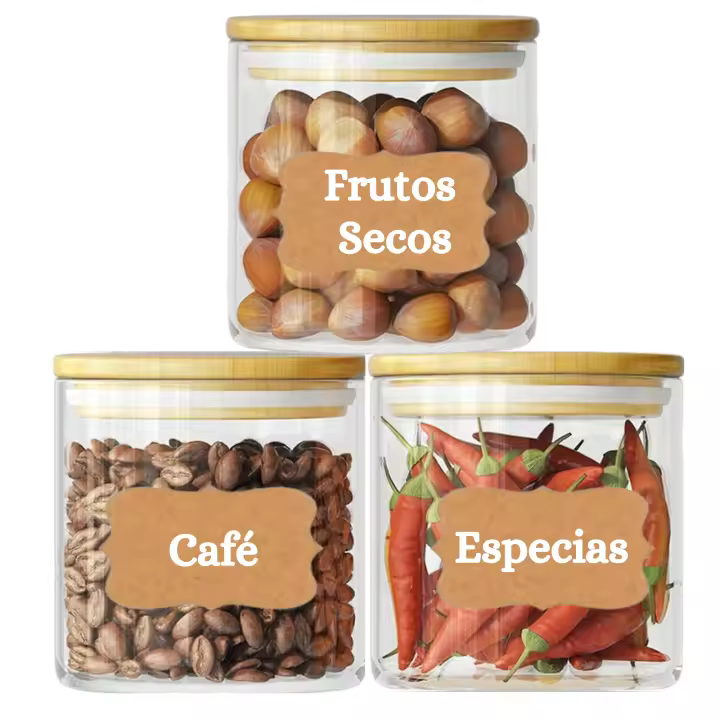 3 Tarros de Cristal con Tapa de Bambú – Herméticos y Resistentes, para Almacenaje de Pasta, Arroz, Especias y Alimentos Secos, Vidrio de Borosilicato Reforzado, Transparentes y Elegantes - Incluye Etiquetas - 1