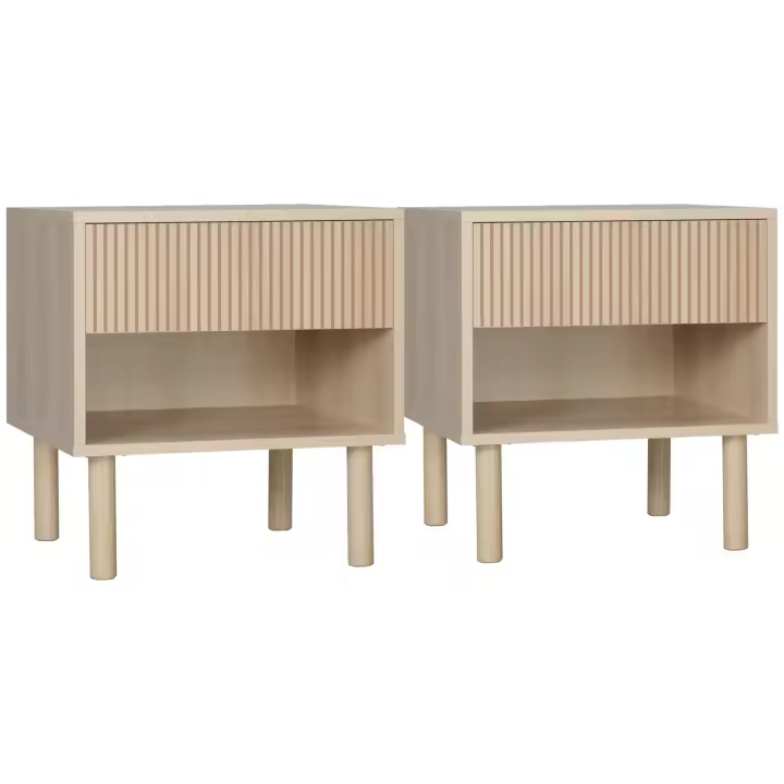 HOMCOM Juego de 2 mesitas de noche mesita de noche con cajones y nichos, mesa auxiliar de estilo moderno para dormitorio, salón, dim. 47 x 47 x 50 cm, acabado madera natural - 1