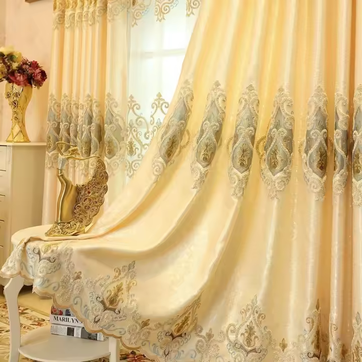 Cortinas Europeas De Lujo Para Sala De Estar Y Dormitorio Amarillo Con Encaje Elegante Cortinas De Ventana Para Villa Oscurecimiento Alta Comodidad - 1