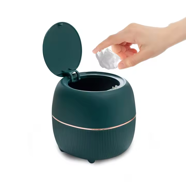 Mini Round Desktop Trash Can with Lid, Plastic, for Home, Kitchen, Bathroom, Office (Green) - 1