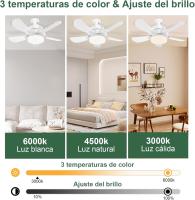 Ventilador de techo con Luz LED, casquillo E27, 5 Aspas, motor de CC ajustable de 6 velocidades, 6000 K, para baño, dormitorio, Garaje, Lavadería y Cocina (Blanco, 40 cm) - details 0