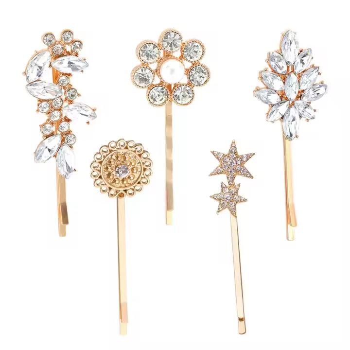 5 piezas de horquillas para el pelo de cristal, horquillas para el pelo con tono brillante, horquillas para el pelo con forma de estrella y flor, horquillas para el pelo con forma de hoja de perla (dorado mixto) - 1