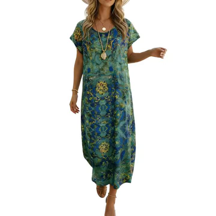 Vestido De Verano Para Mujer plus Talla Con Estampado Floral Cuello Redondo Manga Corta Casual De Vacaciones Largo Con Bolsillos A-Line Midi - 1