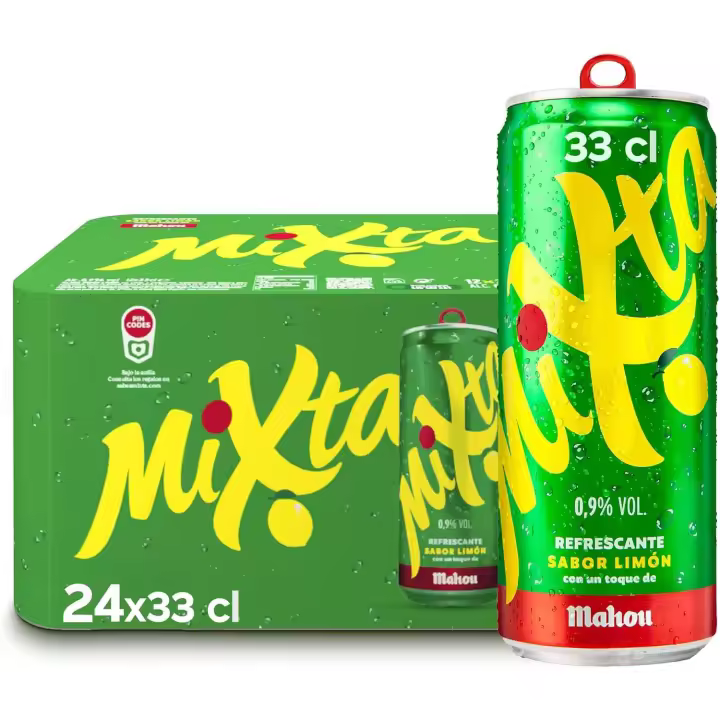 Mahou Mixta, Pack de 24 Latas x 33 cl, Combinación de Cerveza Mahou 5 Estrellas Con Limón, Sabor Ligero y Refrescante, 0,9% de Alcohol - 1