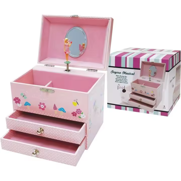 Tachan - Joyero musical infantil con bailarina - Con varios compartimentos para joyas y dos cajones extraíbles - Tiene espejo - Dimensiones 14,5X16X11 cm ref. 729T00820 - 1