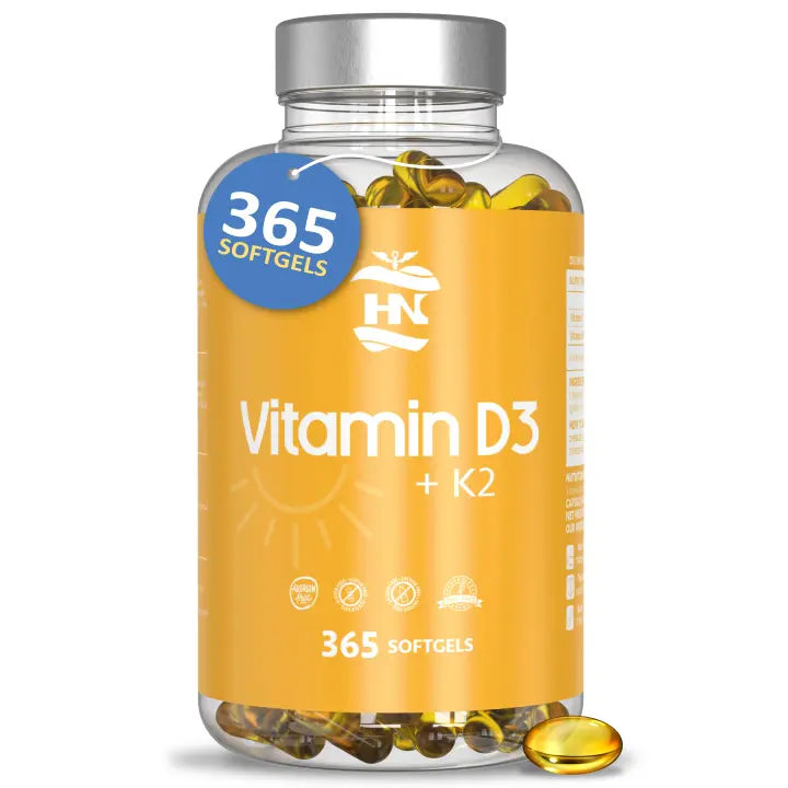 HN Healthy Nutrition Vitamina D - 365 Cápsulas de vitamina D3 K2 – Vitamina D (5000 UI) altamente concentrada. Favorece la función inmunológica y ósea - 365 cápsulas (1 Bote 365 Cápsulas) - 1