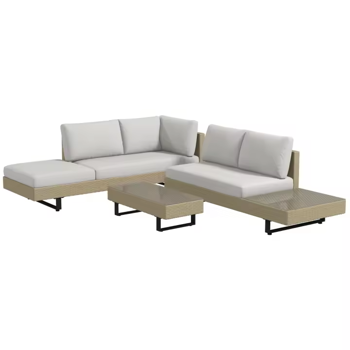 Outsunny Conjunto de Muebles Ratán de 3 Piezas Mesa de Centro Sofá Doble y Sofá de 3 Plazas con Cojines Extraíbles para Jardín Terraza Patio Acero - 1