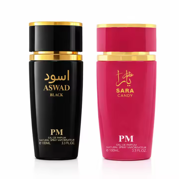 Pack Pareja Perfume Hombre + Mujer EDP 100ml ASWAD Black + SARA Candy Árabe Importado Larga Duración - 1
