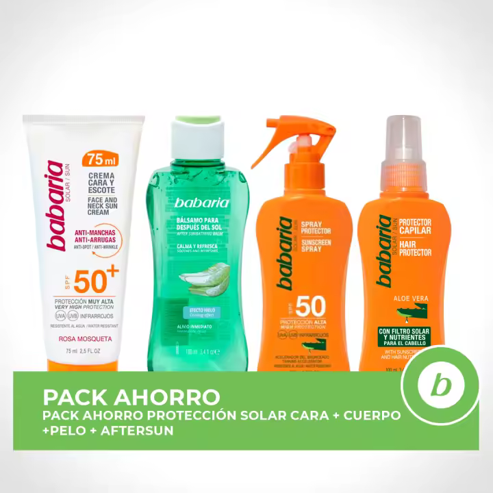 BABARIA Pack ahorro protección solar - Contiene Crema Facial Antimanchas SPF50 75ml + Spray Protector Aloe SPF50 200ml + After Sun Bálsamo Efecto Hielo Aloe 100ml + Protector Capilar Aloe 100ml - 1