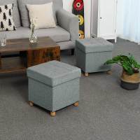 Taburete reposapiés cuadrado con almacenamiento y tapizado capitoné, patas de madera maciza, asiento acolchado de espuma, disponible en gris oscuro, gris claro y azul marino - details 6