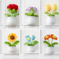 Plantas Artificiales Mini Potted Flower DIY Tejidas a Mano En Hilo De Lana Rosa Tulipán Margarita Decoración Para Escritorio De Oficina Y Hogar - details 2