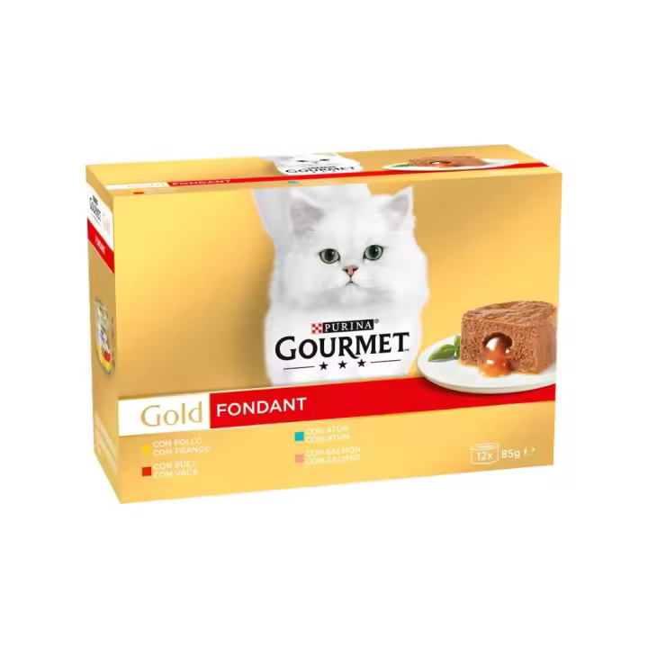GOURMET Gold Fondant (12x85 gr) - Alimento Húmedo Completo para Gatos Adultos (Pollo, Buey, Atún y Salmón) - 1