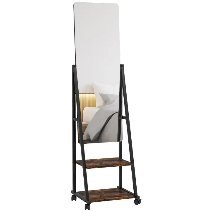 HOMCOM Espejo de pie rectangular, espejo de pie enrollable, con 2 estantes, ángulo ajustable, 4 ruedas, 42 x 37 x 155 cm, negro y marrón rústico - 1