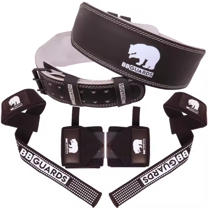 BBGuards Cinturón gym (incluye Muñequeras Gym y Correas Levantamiento Pesas de regalo). Cinturón Lumbar Gimnasio, correas y muñequeras deportivas para Mejorar tu Rendimiento. Straps Gym, muñequeras Crossfit y Cinturón Powerlifting para Hombre y Mujer. - 1