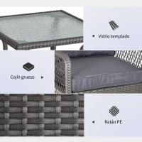 Outsunny Conjunto de Muebles de Ratán 3 Piezas de Jardín con 2 Sillones 65x66x75 cm y Mesa de Vidrio Templado 50x50x50 cm con Cojines Acolchados para Terraza Patio Exterior Gris - details 4