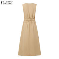 Vestido Largo Sin Mangas De Verano ZANZEA 2025 Elegante Vestido De Trabajo Para Mujer Con Botones Estilo Oficina A-Line V-Neck Polyester - details 5