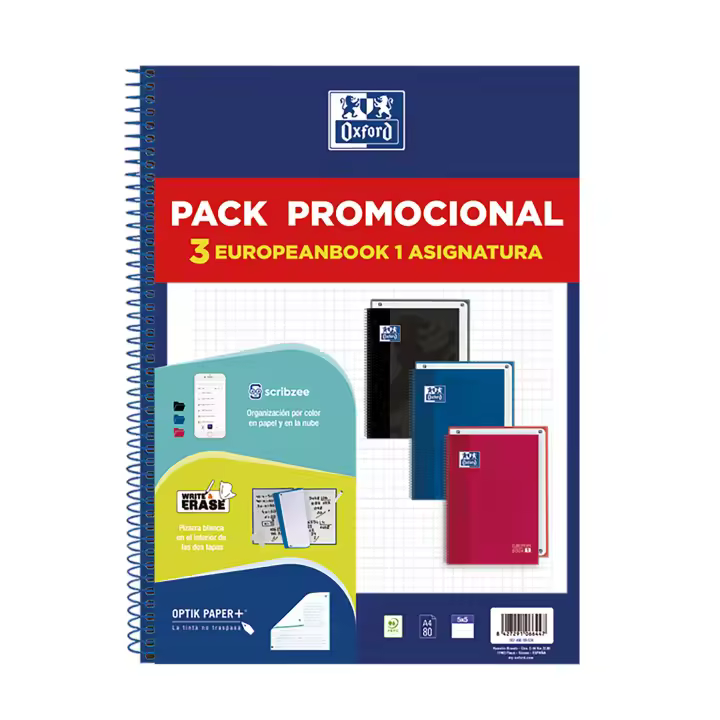 Pack promocional 3 recambios Oxford European Book 1 vivos - espiral y tapa de cartón duro - 80 hojas dinA4 cada recambio - papel 90 gramos cuadricula 5x5 - optik papel y write & erase pizarra blanca - colores del pack: azul, rojo y negro - 1