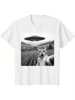 Camiseta Unisex con Estampado de OVNI y Gato – Camiseta Holgada, Casual y Divertida, Manga Corta con Cuello Redondo, Gran Tamaño para Hombre y Mujer - details 2