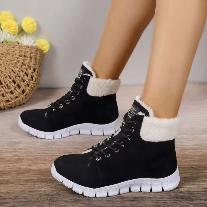 Botas Cortas De Piel De Gato Para Mujer Invierno Con Cordones Cruzados Y Punta Redonda Comodidad Y Calor Modernas Cuña Mediana - 1