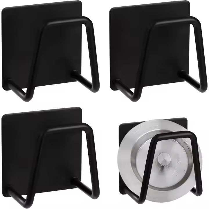 Soporte para esponja de fregadero de cocina, de acero inoxidable, con ganchos adhesivos, para tapas, para paños de cocina, tapas de ollas y cepillos, 4 unidades, color negro - 1