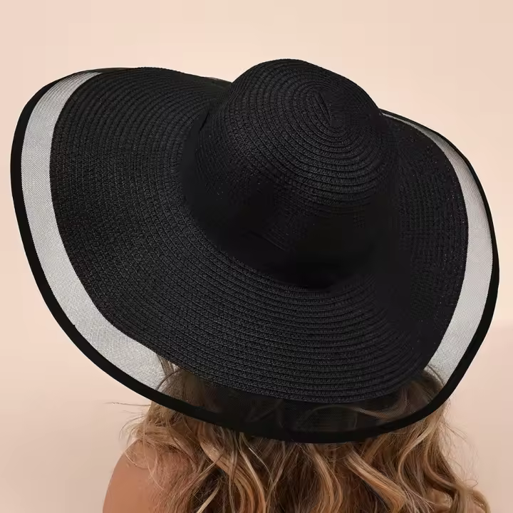 Sombrero De Paja De Verano Para Mujer Estilo Hepburn Con Gran Alas Y Borde De Encaje De Malla Protección Solar Moda Y Temperamento - 1