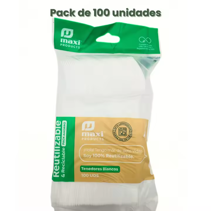 Start Electric | 100uds/300uds - Tenedor plástico color blanco - Reutilizables Biodegradables -16.5 cm - Higiénicamente Empaquetados, Compostables - Libre de BPA - 100% Ecologicos | Marca Maxi Products - 1