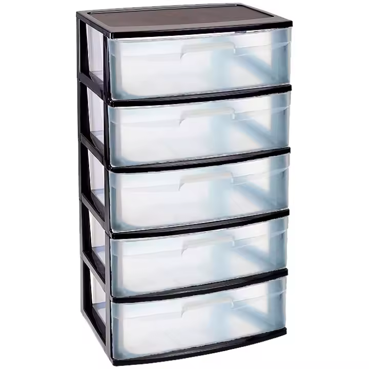 Tradineur - Cajonera de organización Nilo - Ideal para el hogar o el trabajo - Fabricación en plástico - 5 Cajones translucidos - 100,5 x 56 x 40 cm - Color Negro - 1