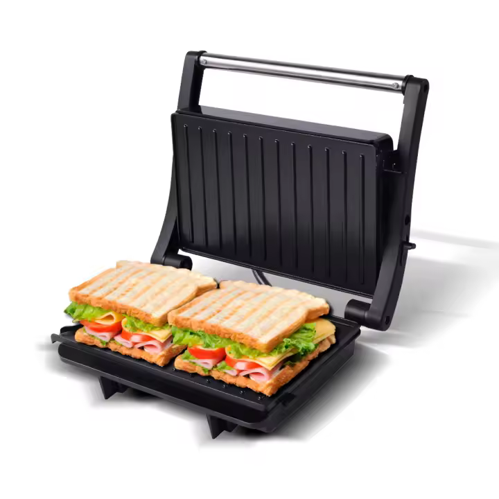 Grill multifunción Jocca con placas antiadherentes de apertura de 180 grados, sistema de bisagras flotantes para ajustarse a casi cualquier tamaño de pan o carne, asa de toque frío, fácil de limpiar y 800-1000W de potencia - 1