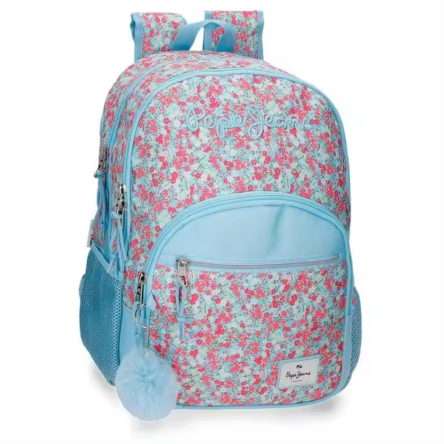 Mochila escolar Pepe Jeans Aide flores 44 cm doble compartimento adapatable a carro - Tirantes anchos, ergonómicos y acolchados que se adaptan perfectamente a la espalda - pompón azul - 1