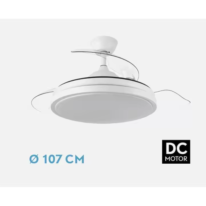 FABRILAMP Ventilador Dc Escorpion 59w Blanco 3aspas desplegables 107d Grande 6980lm 3000-4000-6000k Remoto+ Temporizador+ Memoria Incluye mando a distancia y dos tijas de 10 y 25 centímetro Productos originales calidad de confianza - 1