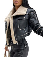Chaqueta Motera De Cuero Sintético Para Mujer Con Cuello Acordonado De Peluche Vintage Chaqueta Moto Caliente De Invierno Outerwear - details 10