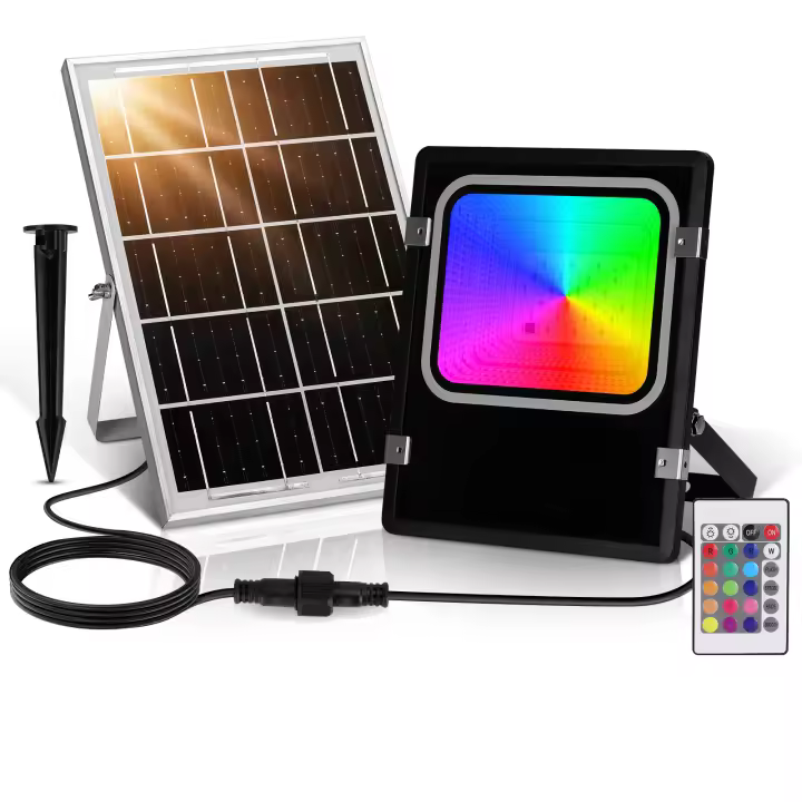 Aigostar Focos LED Exterior Solares RGBW, Cambio de Color 100W,  Foco RGB+6500K y 3 Modos, Regulable, Control Remoto, IP66 Impermeable, Proyector LED RGB para Fiestas Jardín Terraza, 2 pcs - 1