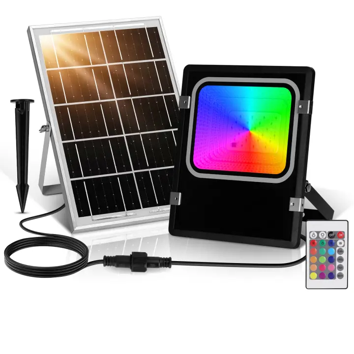 Aigostar Focos LED Exterior Solares RGBW, Cambio de Color 100W,  Foco RGB+6500K y 3 Modos, Regulable, Control Remoto, IP66 Impermeable, Proyector LED RGB para Fiestas Jardín Terraza, 2 pcs - 1