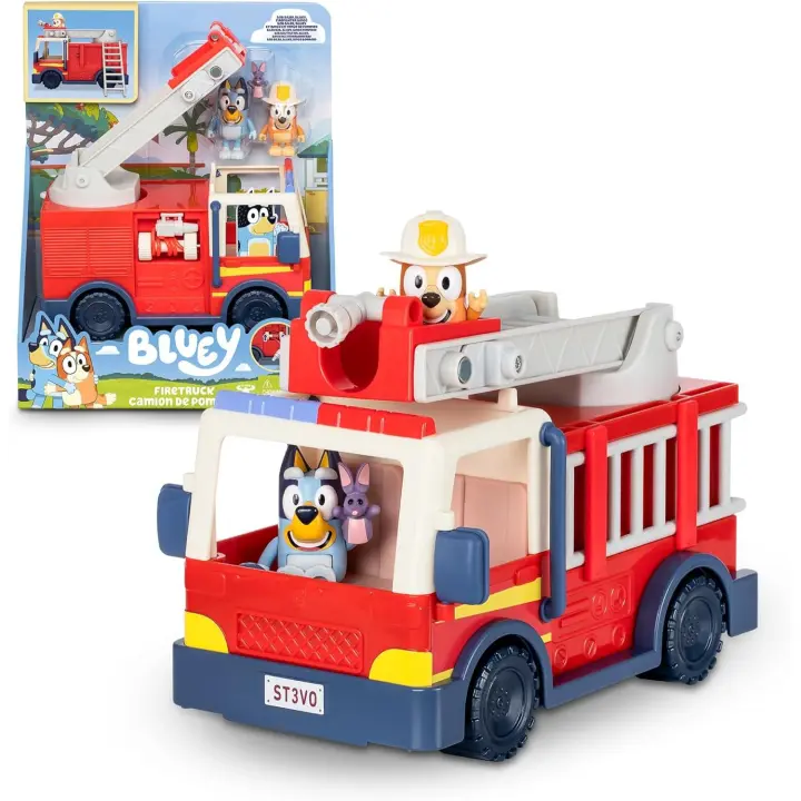 Bluey - Camión de Bomberos, vehiculo de la perrita Azul, Incluye Figura articulada de Bingo, muñecos articulados con Accesorios Manguera, Escalera, camión (Famosa BLY68000) - 1