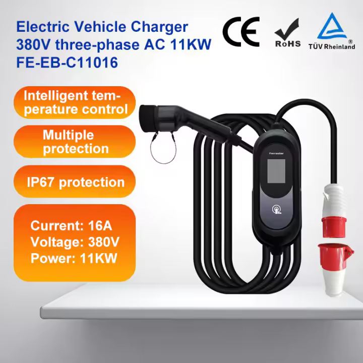FERRASTAR Cargador de coche  Eléctrico,Cargador EV Portátil Tipo 2 Corriente Alterna (AC) de Estándar Europeo, Corriente Ajustable a 3 Fases de 16/32 Amperios, Pantalla Grande 2.4 Pulgadas con Visualización EV3, Uso Portátil o Colgado en la Pared - 1